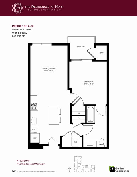 Floor plan for 1 bed, 1 bath, 785 sqft